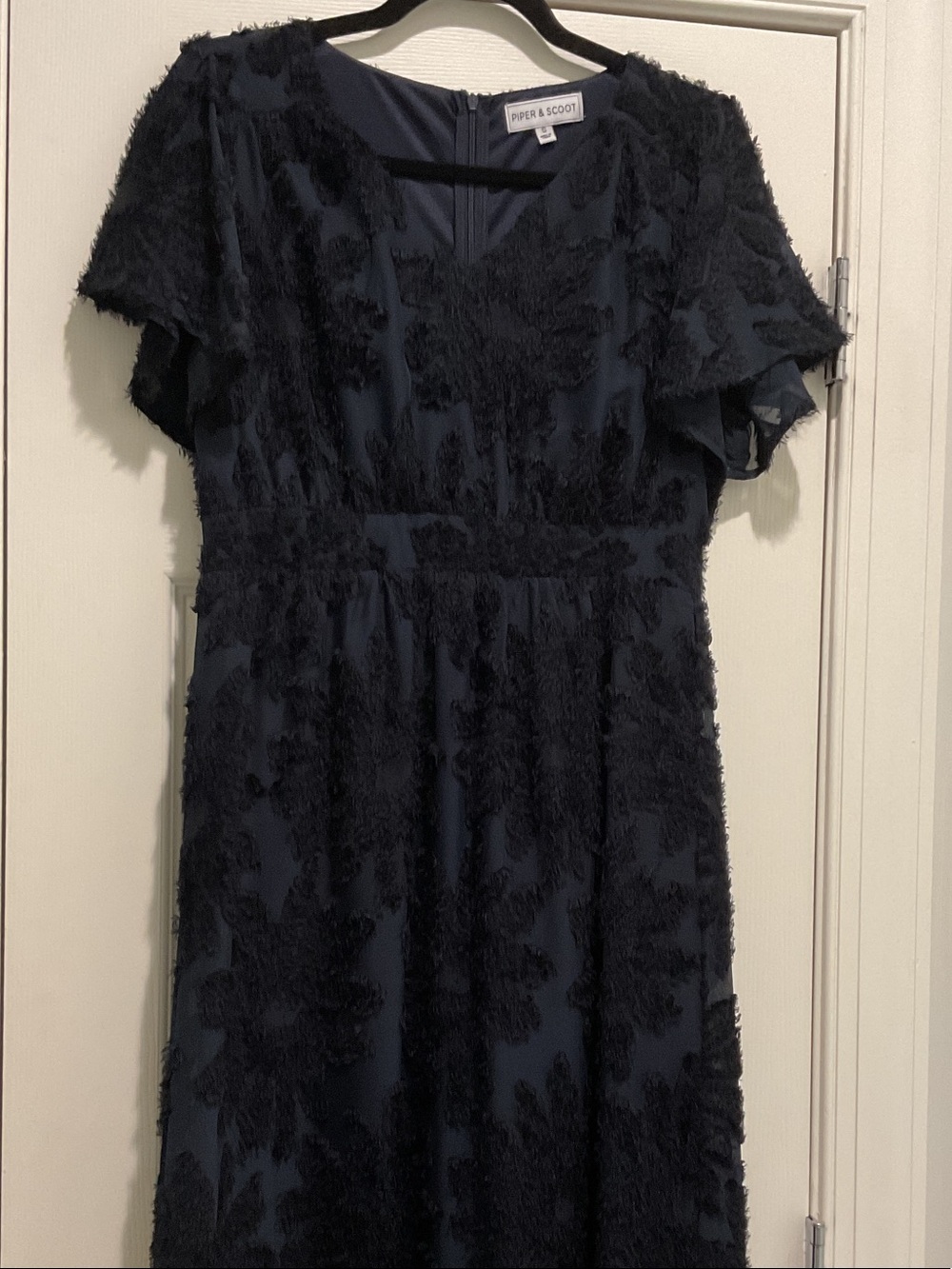 Navy V-Neck Maxi Dress with Floral Appliqué